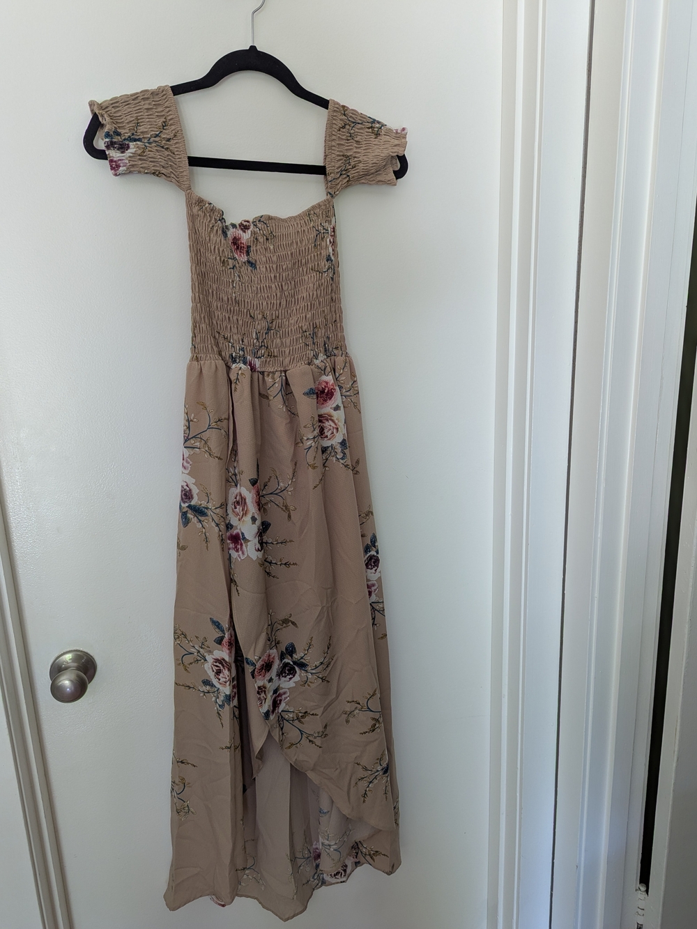 Floral Smocked Maxi Dress in Beige